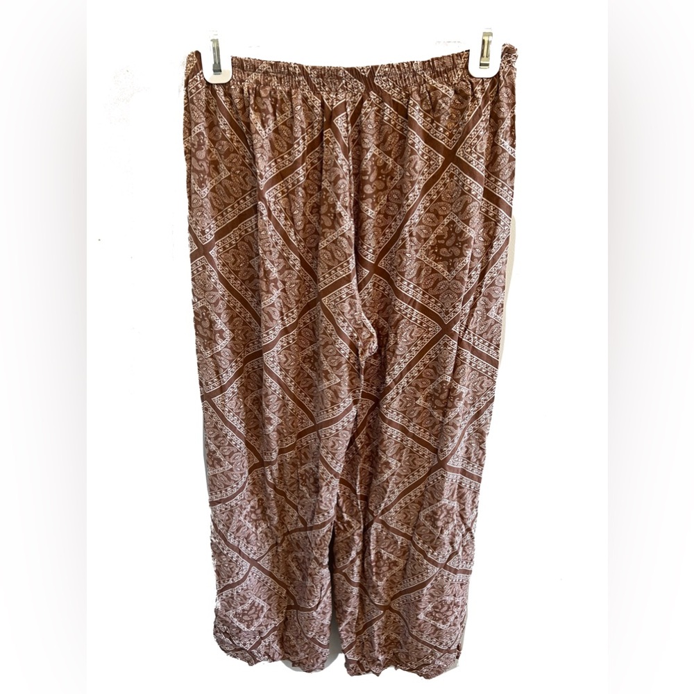JWLOVESME Brown & White Wrap Style Tie Front High Slit Flowy Boho Palazzo Pants - Picture 3 of 6